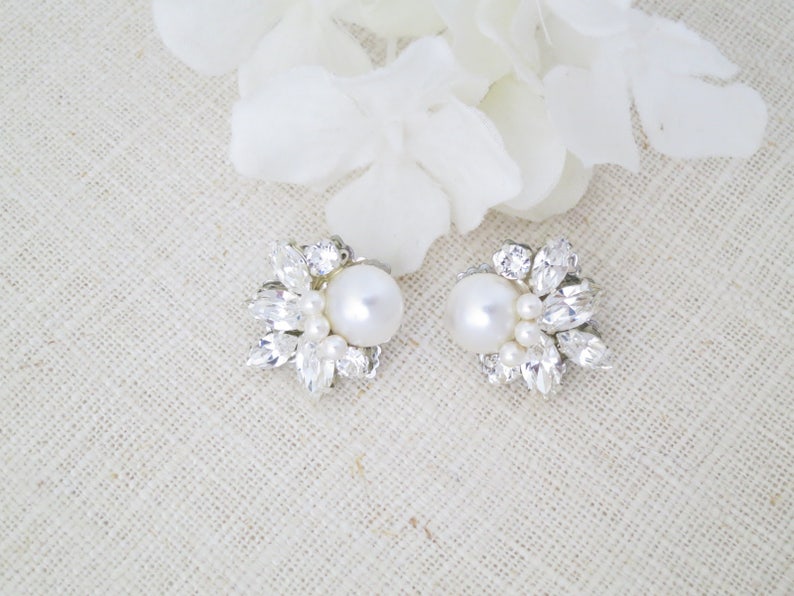 Vintage style Pearl cluster earrings Crystal bridal earrings Simple marquise star earrings Rhinestone earrings Wedding jewelry for Brides image 8