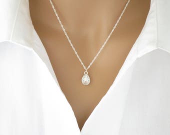 Petite teardrop necklace Crystal pendant necklace Simple bridal necklace Sterling silver Rhinestone jewelry for brides Perfect gift for her