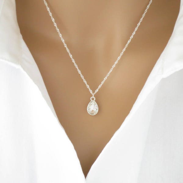 Petite teardrop necklace Crystal pendant necklace Simple bridal necklace Sterling silver Rhinestone jewelry for brides Perfect gift for her