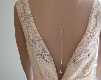 White opal necklace Bridal back necklace Minimalist wedding backdrop necklace Opal bridal jewelry Simple crystal teardrop necklace for bride