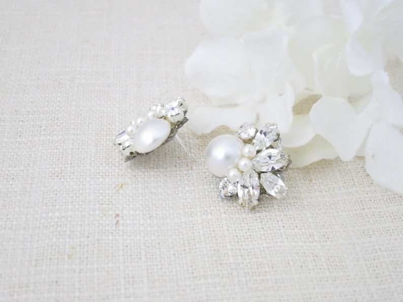 Vintage style Pearl cluster earrings Crystal bridal earrings Simple marquise star earrings Rhinestone earrings Wedding jewelry for Brides image 4