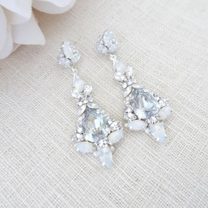 Blue Statement bridal earrings Dusty blue wedding earrings Opal bridal jewelry Crystal teardrop earrings Long chandelier earrings for brides