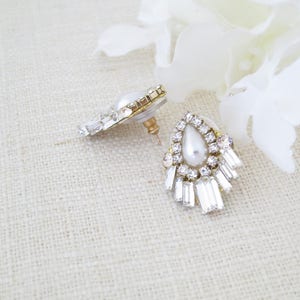 Art Deco earrings Baguette wedding earrings Crystal bridal earrings Pearl teardrop earrings Unique stud earrings Gold jewelry for brides image 3