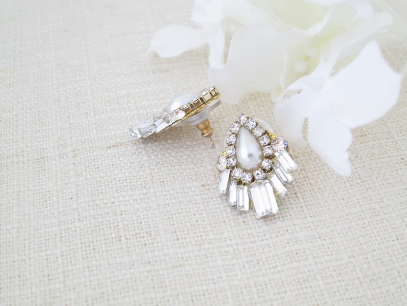Art Deco earrings Baguette wedding earrings Crystal bridal earrings Pearl teardrop earrings Unique stud earrings Gold jewelry for brides image 3
