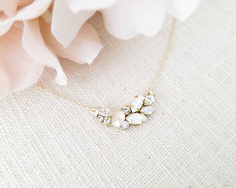 Blush cluster necklace Simple opal bridal necklace Crystal wedding necklace for bride Asymmetrical necklace Unique leaf rhinestone jewelry