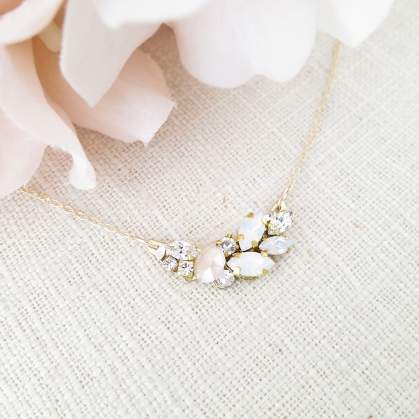 Blush cluster necklace Simple opal bridal necklace Crystal wedding necklace for bride Asymmetrical necklace Unique leaf rhinestone jewelry