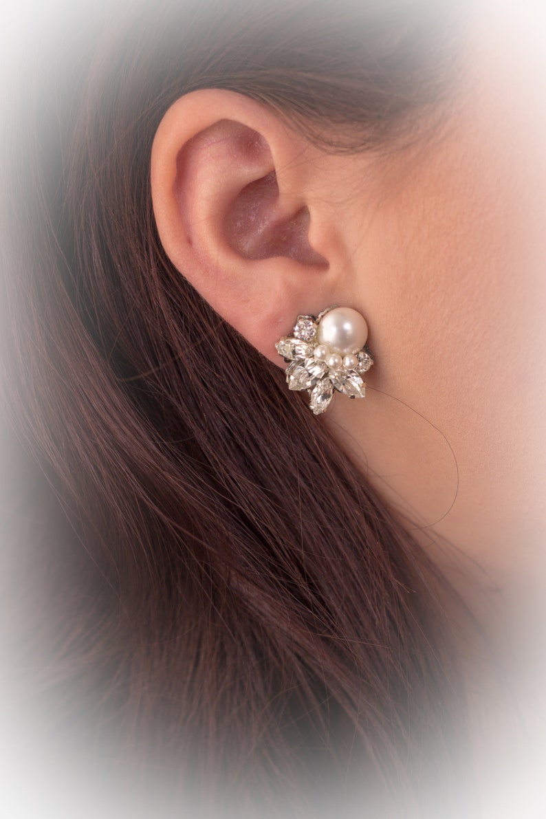 Vintage style Pearl cluster earrings Crystal bridal earrings Simple marquise star earrings Rhinestone earrings Wedding jewelry for Brides image 7