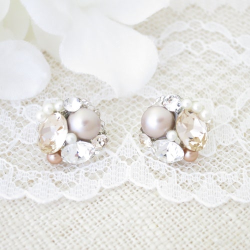 Pearl Cluster Bridal Earrings Opal Wedding Earrings for Brides Etsy