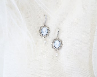 Blue cameo earrings Pearl bridal earrings Something blue for bride Vintage style wedding earrings Blue bridal jewelry Blue dangle earrings