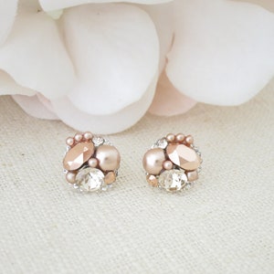 Rose gold earrings Dainty bridesmaid gift Pearl cluster wedding earring Rose gold bridal jewelry Unique button stud Crystal wedding jewelry