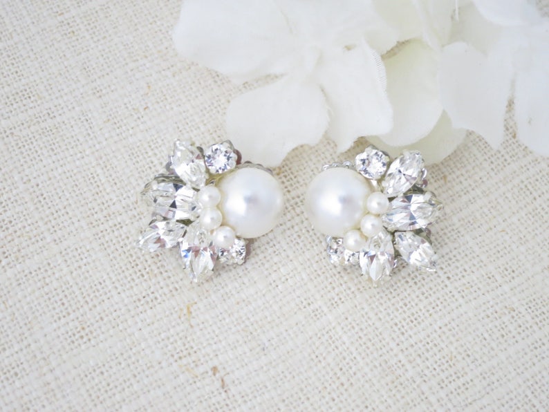 Vintage style Pearl cluster earrings Crystal bridal earrings Simple marquise star earrings Rhinestone earrings Wedding jewelry for Brides image 1