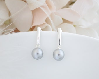 Gray pearl earrings Pearl drop earrings Simple sterling silver earrings Business casual jewelry Pale grey earrings Pearl dangle earrings