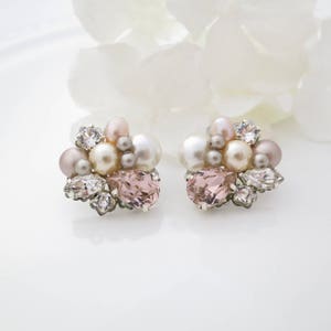 Blush bridal earrings Pink pearl wedding earrings Pearl cluster earrings Crystal bridal jewelry Unique pink stud earrings for brides image 7