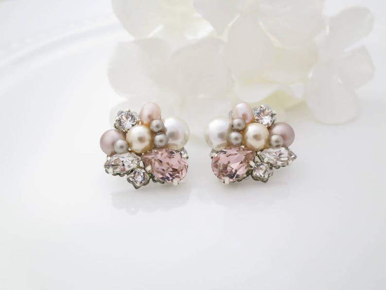 Blush bridal earrings Pink pearl wedding earrings Pearl cluster earrings Crystal bridal jewelry Unique pink stud earrings for brides image 7