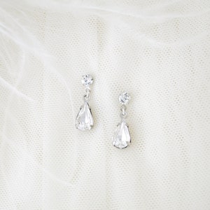 Dainty teardrop earrings Crystal bridal earrings Wedding earrings for brides Simple bridal jewelry Minimalist silver drop earrings
