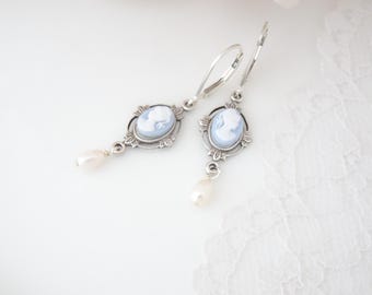 Blue Cameo Earrings: Antique Silver, Pearl Dangle, Bridal Jewelry
