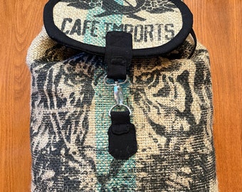 Backpack bag,Gunne sack backpack,Large,backpack painted canvas,coffee bag,Guatemala,tan,green,blue,purple,back pack