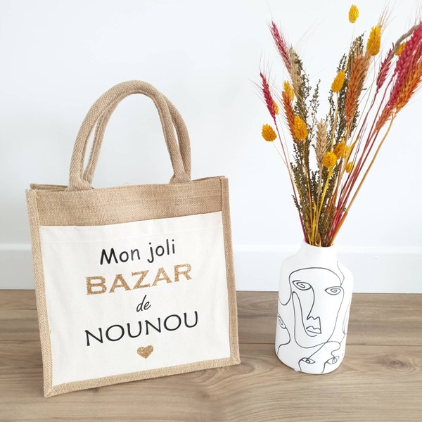 Petit cabas en toile de jute personnalisé "Mon joli BAZAR de Nounou"