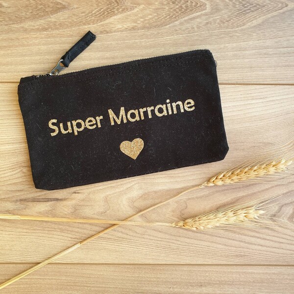 Trousse noir avec inscription "Super Marraine" à paillettes dorées