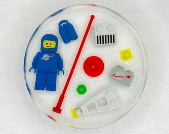 Custom Vintage Classic Blue Spaceman Themed Resin Decorative Paperweight/Coaster made with LEGO® Bricks