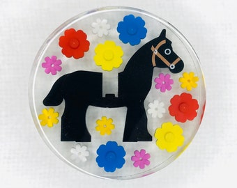 Custom Black Horse / Flowers Themed Resin Decorative Paperweight/Coaster made with LEGO® Bricks