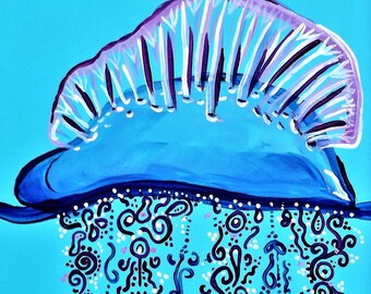 Matted Art Print 6x11" Portuguese man of war jellyfish with swirly tentacles ocean marine life print under the sea