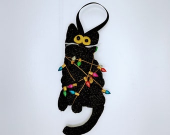 Handmade Eco Felt black cat wrapped in Christmas lights Ornament