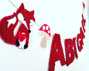 Handmade Eco Felt personalized woodland red fox and mushroom name garland