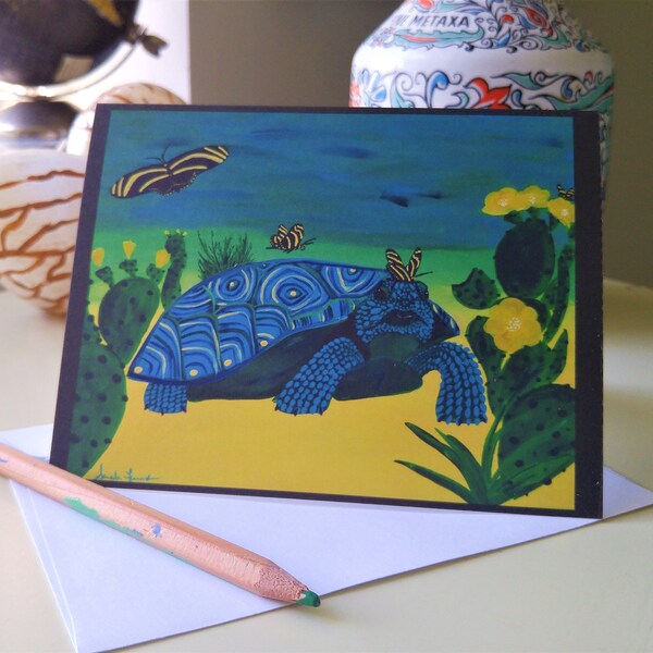 4 Blank Note cards with gopher tortoise and zebra longwing butterflies among cactus scrub habitat
