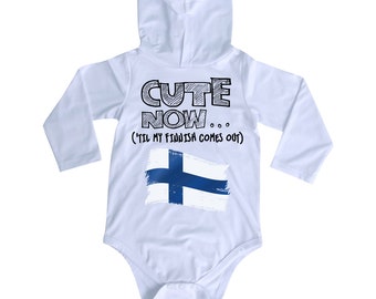 Hooded Long Sleeve Finland Flag Infant/Baby Bodysuit CUTE NOW... ('Til My Finnish Comes Out) NB-18M Jumper Shirt for Toddler