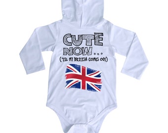 Hooded Long Sleeve United Kingdom Flag Infant/Baby Bodysuit CUTE NOW... ('Til My British Comes Out) NB-18M Jumper Shirt for Toddler