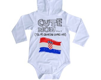 Hooded Long Sleeve Croatia Flag Infant/Baby Bodysuit CUTE NOW... ('Til My Croatian Comes Out) NB-18M Jumper Shirt for Toddler