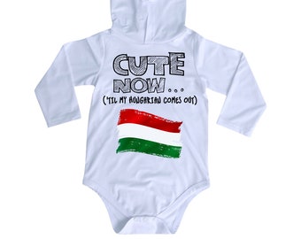 Hooded Long Sleeve Hungary Flag Infant/Baby Bodysuit CUTE NOW... ('Til My Hungarian Comes Out) NB-18M Jumper Shirt for Toddler