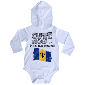 Hooded Long Sleeve Barbados Flag Infant/Baby Bodysuit CUTE NOW... (&#39;Til My Bajan Comes Out) NB-18M Jumper Shirt for Toddler