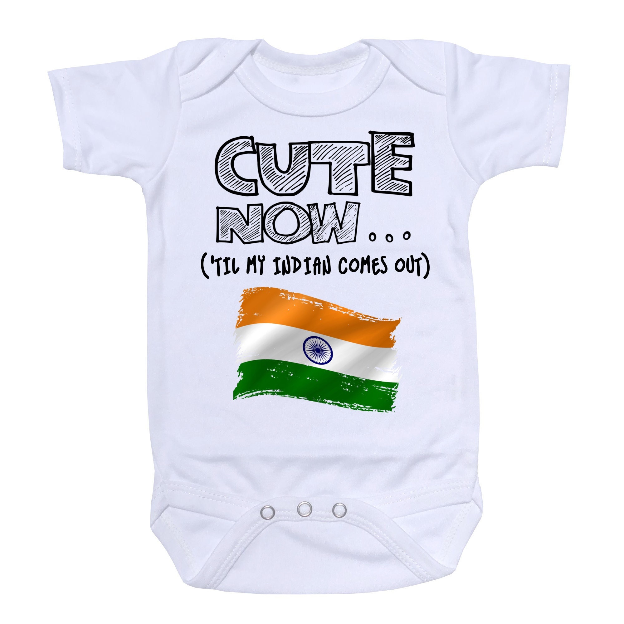 Cute Now... 'Til My Indian Comes Out Infant Baby India Flag Short Sleeve Bodysuit Shirt NB-18M
