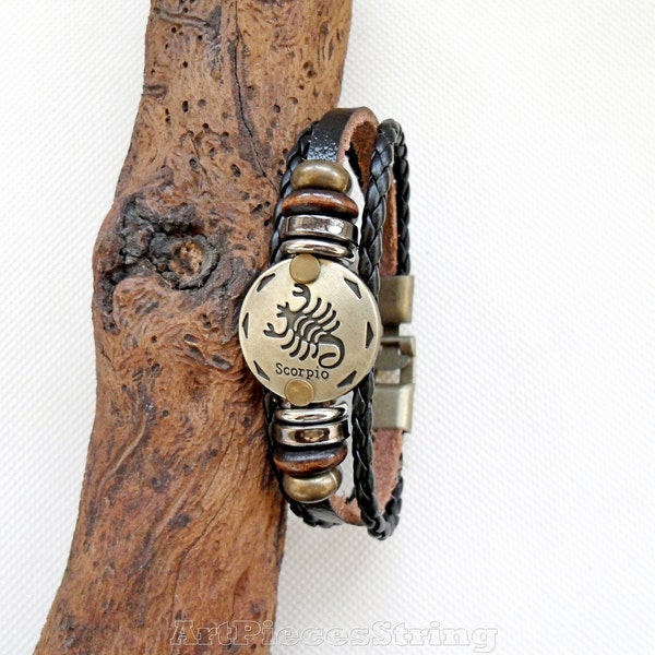 Scorpio leather bracelet, zodiac sign scorpion bracelet rings, multicolor bracelet Scorpion, bronze wood leather bracelet, Clasp bracelet,