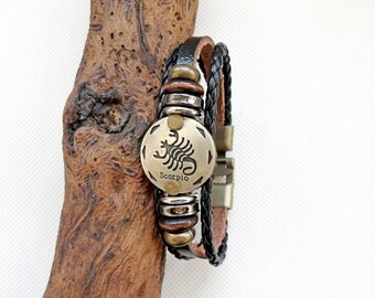 Scorpio leather bracelet, zodiac sign scorpion bracelet rings, multicolor bracelet Scorpion, bronze wood leather bracelet, Clasp bracelet,