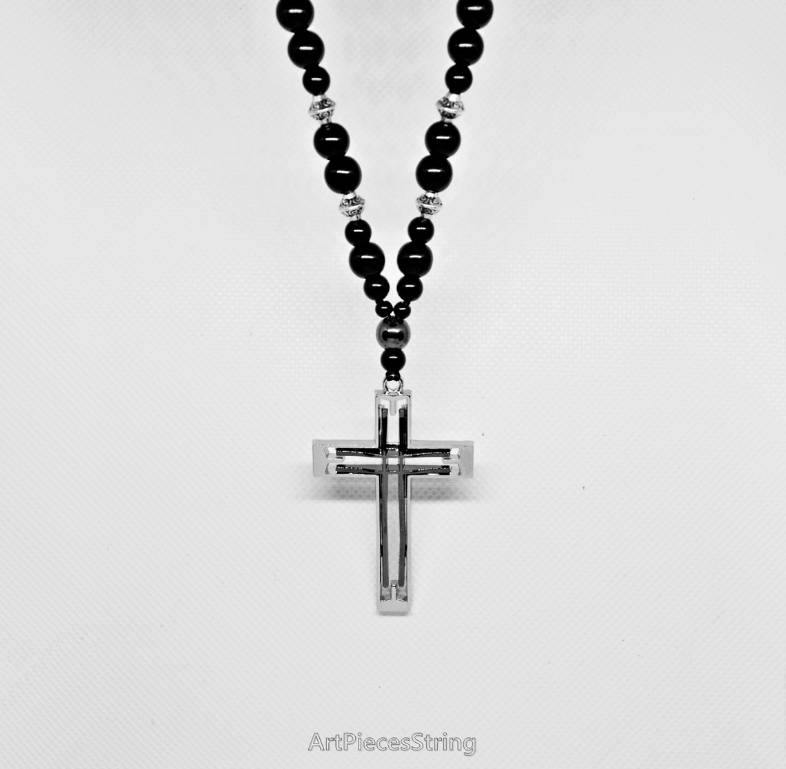 Mens Cross Necklace Black Onyx Beads Cross Jesus Frames Lines Etsy