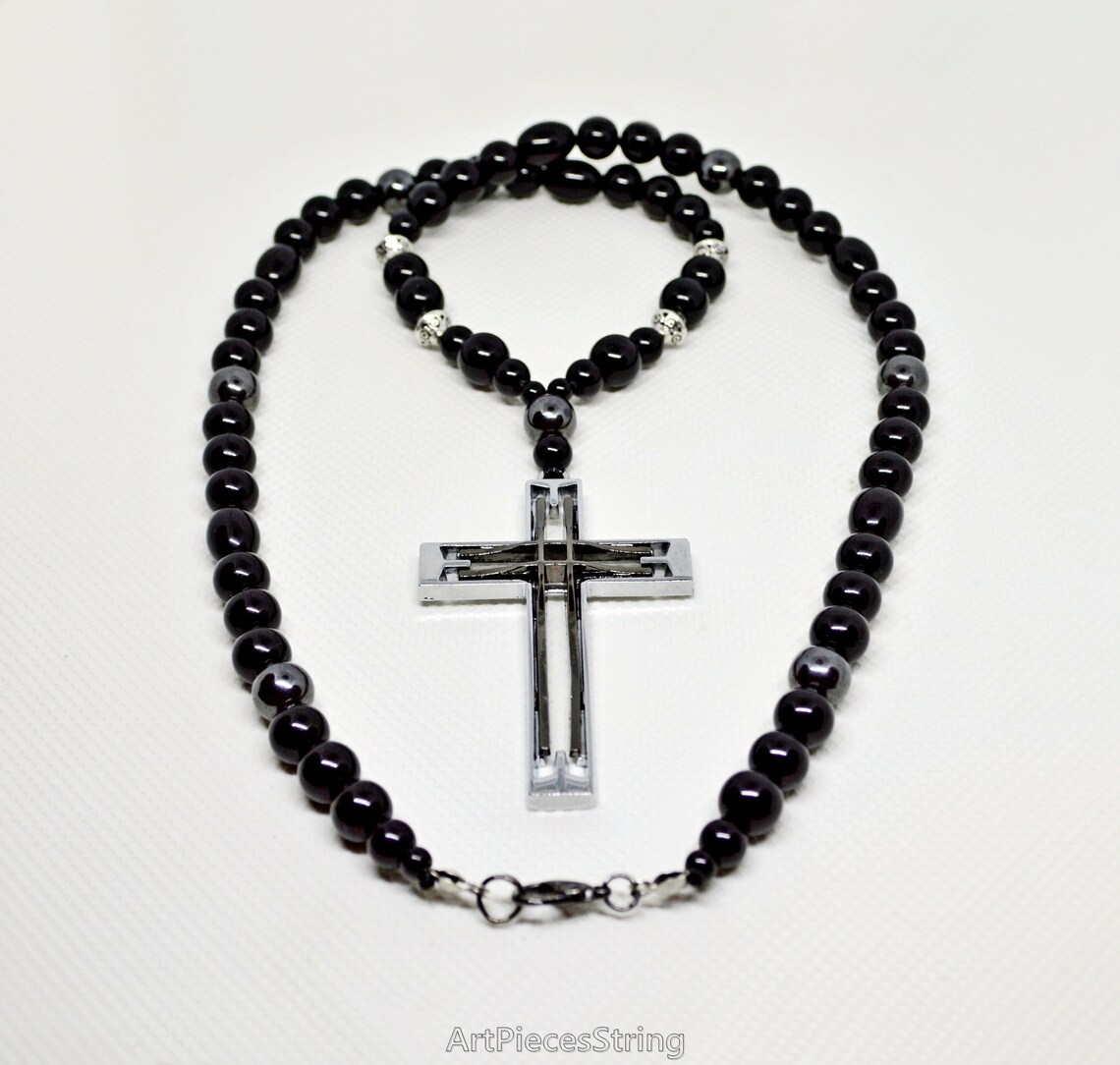 Mens cross necklace black onyx beads cross Jesus frames lines Etsy