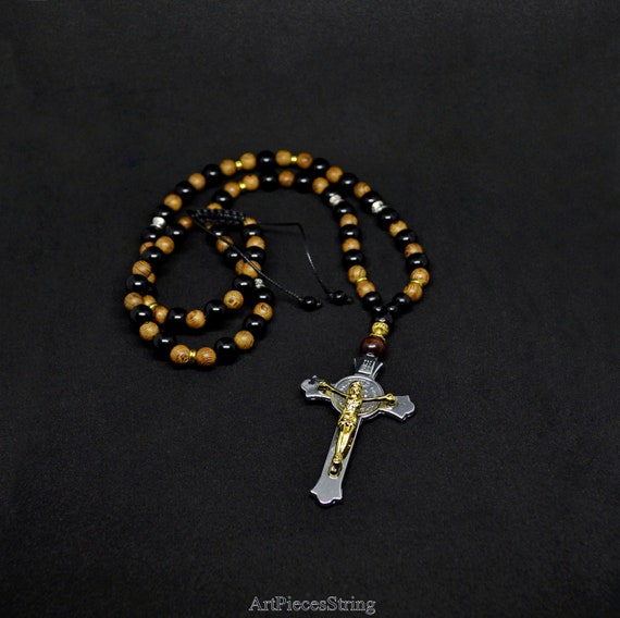 Mens Cross Necklace Crucifix Large Inri Jesus Golden Cross Necklace Beaded Bible Necklace Long String Onyx Necklace Male Wood Beads Gems