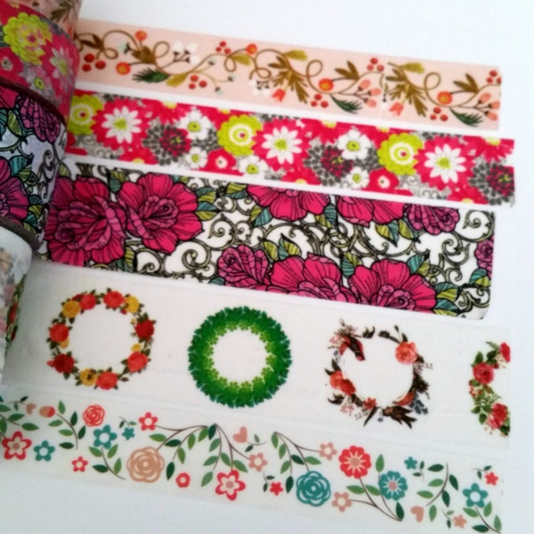 Floral washi tape samples - wide washi - flowers - wreaths - roses - 24 inch washi samples - 25mm washi