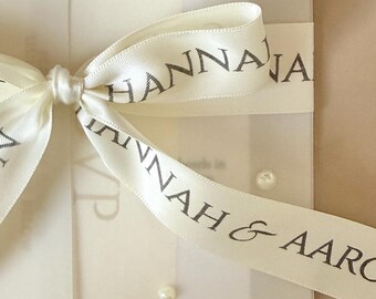 Personalised printed wedding ribbon for invitations, gift wrap and celebration gifts 25mm.