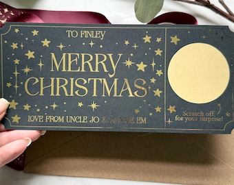Personalised Star Merry Christmas Golden Ticket Surprise Gift Token with Scratch Card Panel