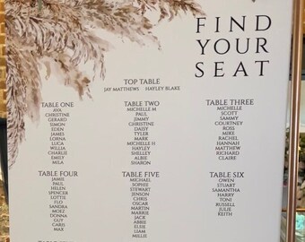 Printed Table Plan for Weddings with Boho Rustic Pampas Grass Design