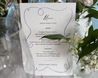 Personalised Printed A5 Wedding Menus for Wedding Table Reception with Wavy edge