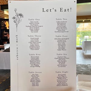 May include: A white sign with black text lists the seating chart for a wedding reception. The sign is titled "Let's Eat!" and lists the names of guests at each table. The tables are numbered one through eight.