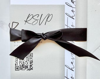 Luxury neutral tone custom stacked wedding invitation suite with pearl wrap and ribbon