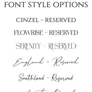 Puede incluir: Una lista de texto negro titulada FONT STYLE OPTIONS que presenta seis estilos: CINZEL - RESERVED, FLOWRISE - RESERVED, SERENITY - RESERVED, England - Reserved, Southland - Reserved y Script - Reserved, mostrados en varias fuentes.