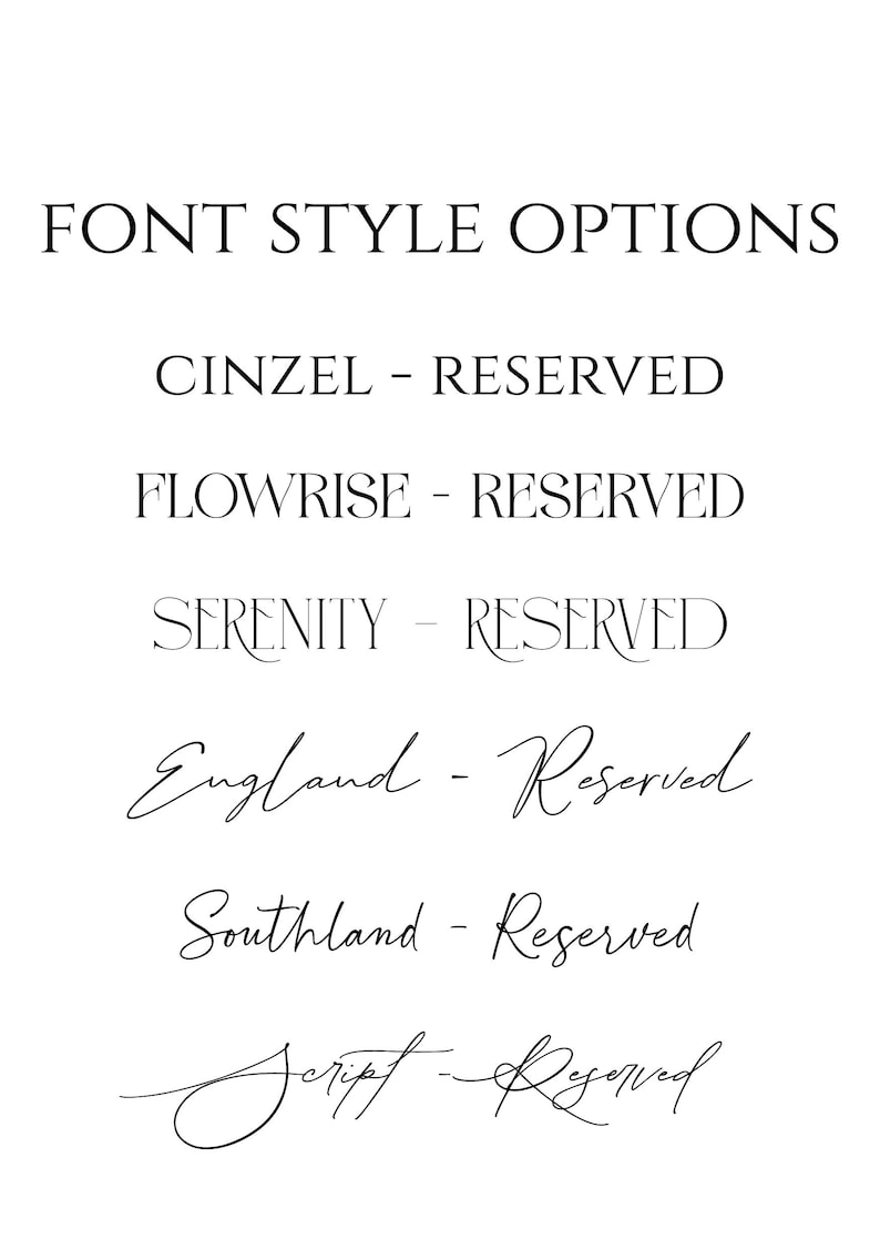 Puede incluir: Una lista de texto negro titulada FONT STYLE OPTIONS que presenta seis estilos: CINZEL - RESERVED, FLOWRISE - RESERVED, SERENITY - RESERVED, England - Reserved, Southland - Reserved y Script - Reserved, mostrados en varias fuentes.