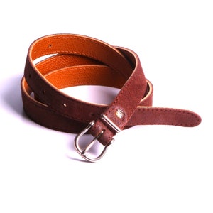 Op de afbeelding: Een bruine leren riem met een zilveren gesp. De riem is dubbelgevouwen en de gesp is zichtbaar.